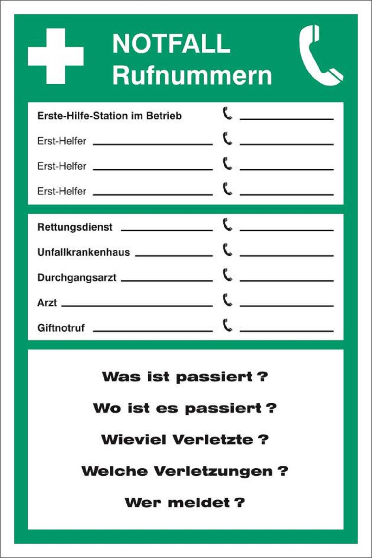 Notfall Rufnummern zur Selbstbeschriftung Notfall Rufnummern zur Selbstbeschriftung